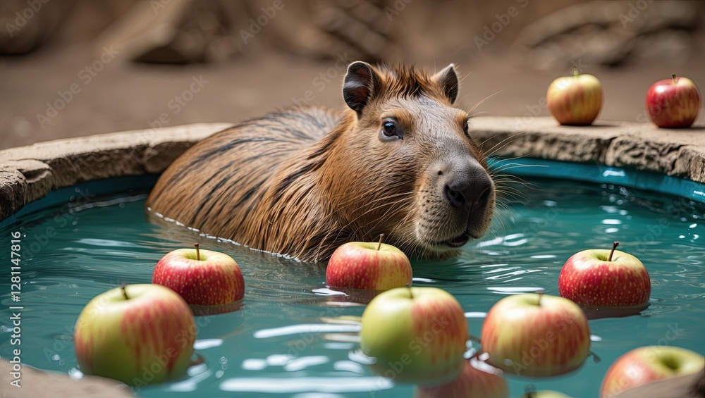 Poster a capybara swimming in a pool surrounded by red apples, creating a serene and playful atmosphere