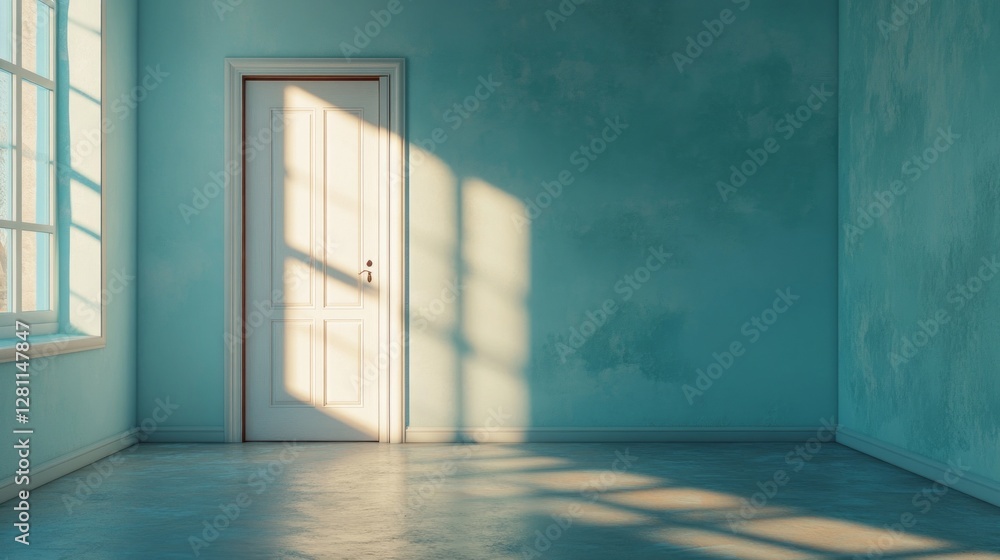 Poster in a tranquil space, a white door stands ajar, revealing a world beyond. sunlight streams in, castin