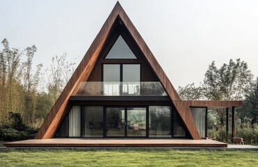 Fototapeta premium A modern, minimalist-style A-frame house with a gable roof, surrounded by a grassy field in the countryside