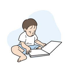Illustration of a boy sitting on the floor looking at a picture book. Hand drawn vector elements.