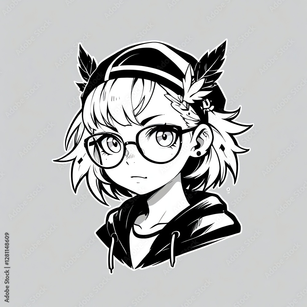 Sticker Stylish Anime Girl with Glasses and Cap