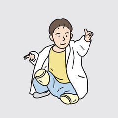 Illustration of a boy sitting on the floor pointing his finger somewhere. Hand drawn vector elements.