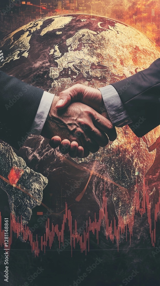 Poster the image of a handshake over a digital globe with network links embodies the unity of international