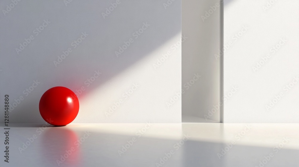 Poster Sunlight streams through an open door, casting shadows across a minimalist room. A vivid red sphere sits on a smooth surface, highlighting the contrast between colors and inviting curiosity