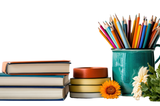 Books and colored pencils arrangement