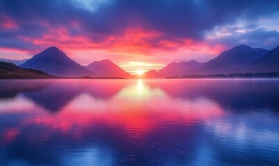 Fototapeta premium Vibrant Sunset Over Serene Lake with Mountains and Dramatic Sky, Reflective Waters of Tranquility and Beauty at Dusk for Peaceful Nature and Landscape, Generative AI