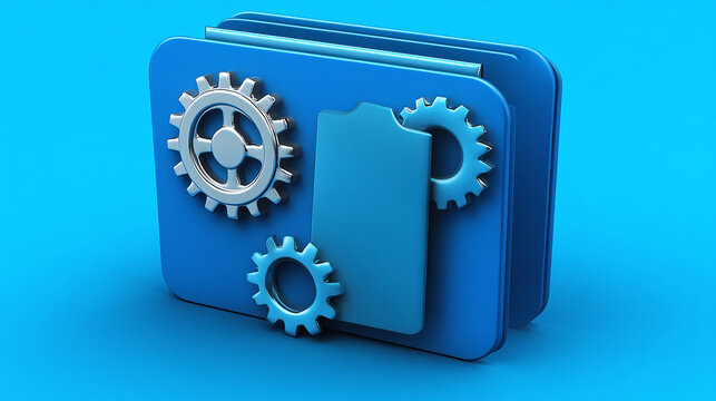 Blue folder icon with mechanical gear symbols suggesting a well-organized system and efficient workflow on a bright cyan background.
