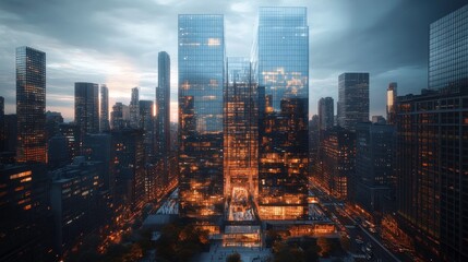 A modern city skyline featuring towering glass buildings illuminated at dusk, showcasing urban architecture and a vibrant atmosphere.