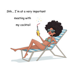 the girl lies in a chaise longue and drinks a cocktail. motivational picture. vector illustration