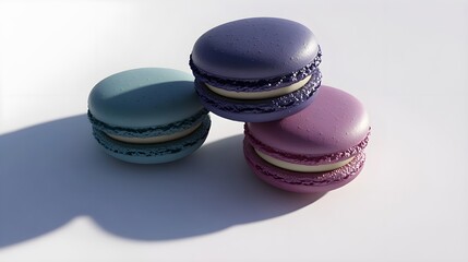 Fototapeta premium Pastel Macarons Isolated on White Background in Purple Blue Green