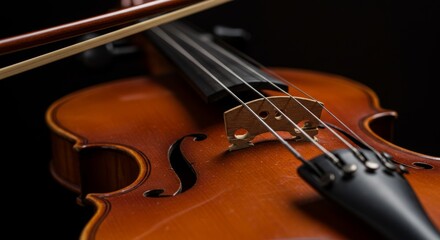 Fototapeta premium Intimate view of violin strings and bow showcasing detailed craftsmanship