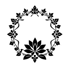 Black-and-white symmetrical floral wreath with a central lotus-like flower and stylized blossoms, creating a circular ornamental frame.
