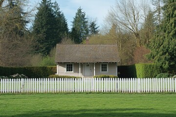 Obraz premium A white picket fence surrounds a small home