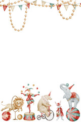 Watercolor illustration with Circus performers, including a lion, elephant, juggler and bear in vintage style. Drawing of Baby shower Template with carnival animals. Art for childish greeting card