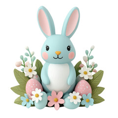 Obraz premium A cute blue bunny surrounded by colorful flowers and decorative eggs, embodying a cheerful, springtime theme.