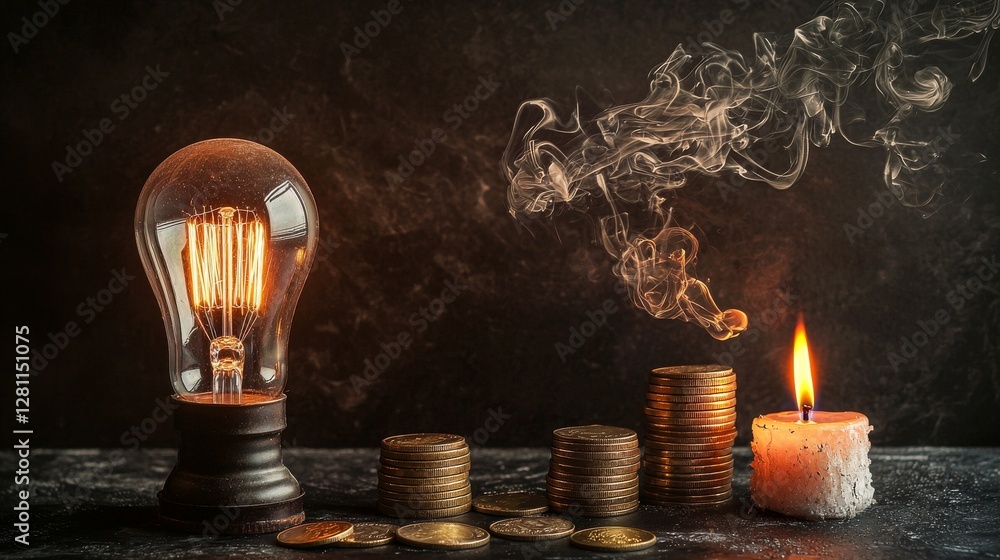 Poster a lit gas cooker placed adjacent to a light bulb forms a visual metaphor that symbolizes the growing