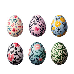 Fototapeta premium Colorfully decorated eggs featuring floral designs in various shades and patterns.