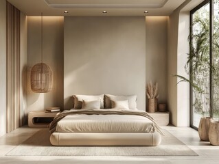 Bedroom with a neutral tone and a soft bed