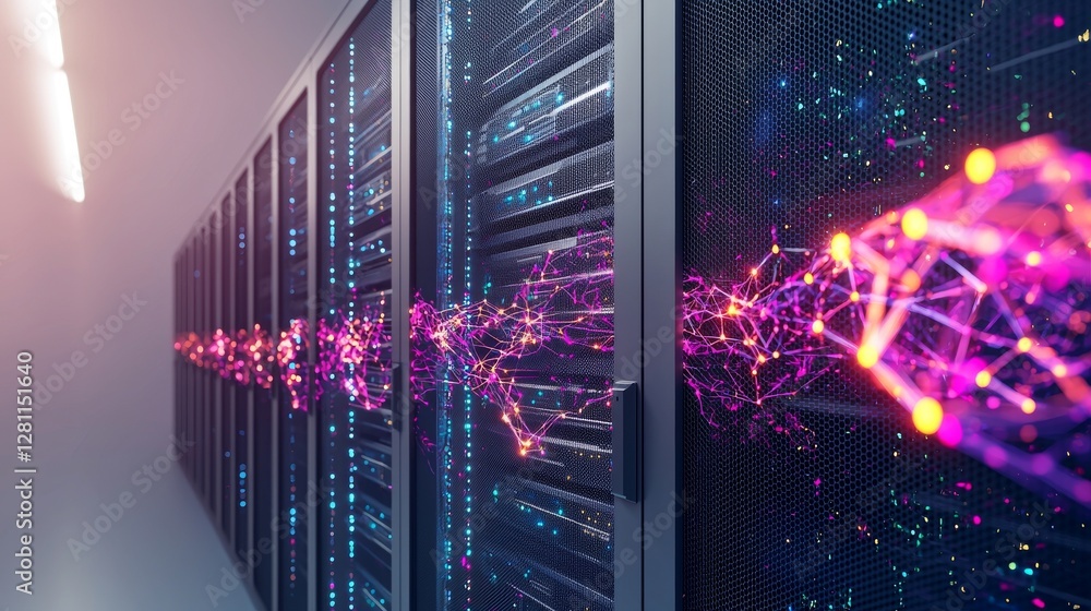 Poster in a data center, a row of server racks is set against a backdrop of neon lights and abstractly conf