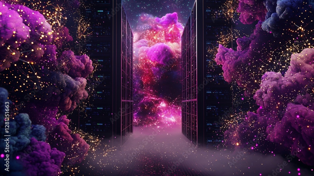 Poster a row of server racks stands in a data center, bathed in neon lighting and complex network connectio
