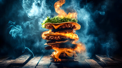 Stack of Flaming Tacos with Cheese and Lettuce on Wooden Surface