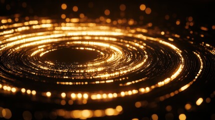 Abstract swirling golden light circles on black background.