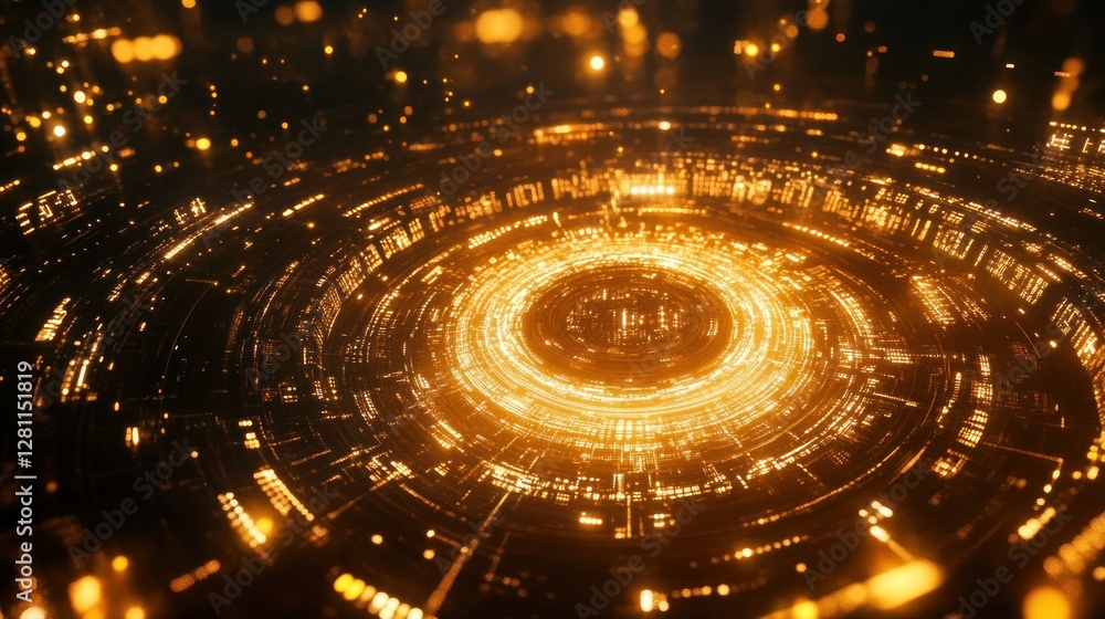 Poster abstract golden circular technology background with glowing lights and futuristic design.