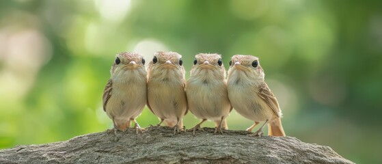 Obraz premium Four small birds perched on a log in nature