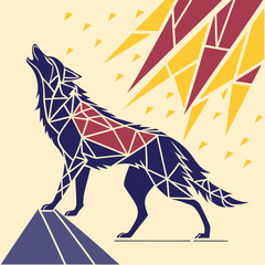 Obraz premium Geometric Wolf Howling at Abstract Moon Art Print: Polygonal Animal Illustration in Modern Graphic Design Style for Wall Decor