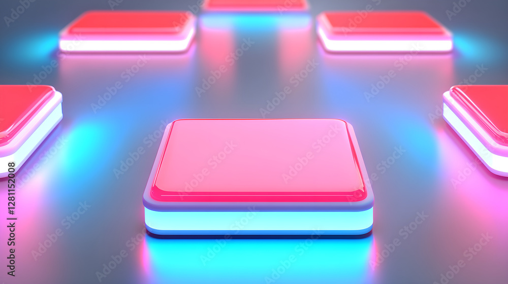 Poster illuminated action buttons digital space 3d render neon environment close-up view modern concept