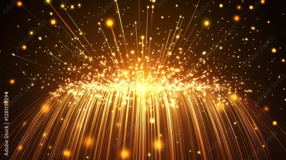 Poster golden light rays exploding from a central point, creating a sparkling, firework-like effect on a da