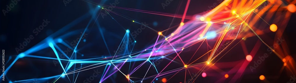 Poster Blazing Cosmic Nexus of Luminous Digital Particles Dancing in Prismatic Neon Light An abstract futuristic digital art visualization of a dynamic energy charged network of lights shapes and motion