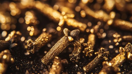 Close-up of golden cloves with sparkling details on dark background