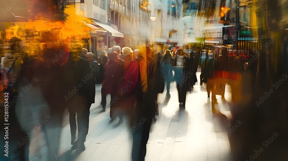 Aufkleber blurred image of a bustling city street filled with a crowd of people rapidly moving through the dyn