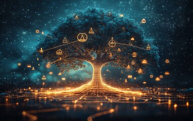 A tree of life with roots made of moral codes and beliefs, branches spreading into diverse symbols of justice, equality, and compassion, glowing light, surreal art style