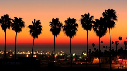 Fototapeta premium Silhouetted Palm Trees at Sunset Over Coastal City