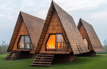 Obraz premium Design an A-frame cabin with a wooden shingle roof, two structures connected by a gangway and glass balustrades, located on grassy ground near a lake
