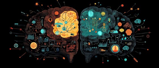 Obraz premium Abstract human brain split into sections, each section filled with unique symbols representing diverse ideas, glowing innovation sparks, futuristic technology