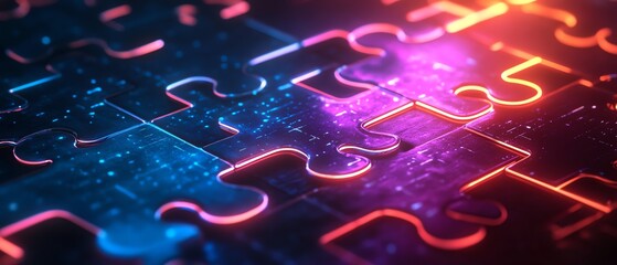 Creative design showing puzzle pieces representing disparate concepts fitting together, glowing neon lights, digital art style with interconnected ideas