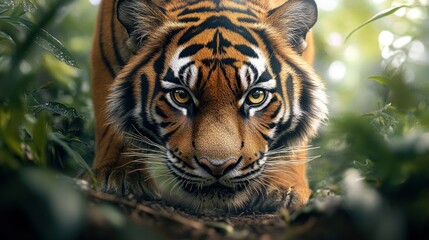 Fototapeta premium Tiger stalking in jungle forest, wildlife close-up