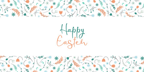 Happy Easter. Floral Easter egg with spring flowers and leaves. Greeting card, poster, banner. Vector illustration