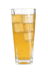 Sweet soda water with ice cubes in glass isolated on white