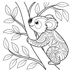 Koala Coloring Page: Intricate Line Art of a Koala Bear Climbing a Tree Branch with Leaves - Printable Animal Mandala Style Illustration
