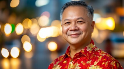 A representation of an elderly Asian man adorned in traditional festive dress