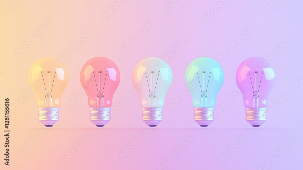 Poster glowing light bulbs arranged in a row with a blurred background display a spectrum of vibrant colors