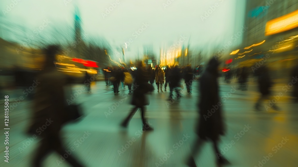 Poster blurred image of a crowded city street at night with commuters and pedestrians moving rapidly throug