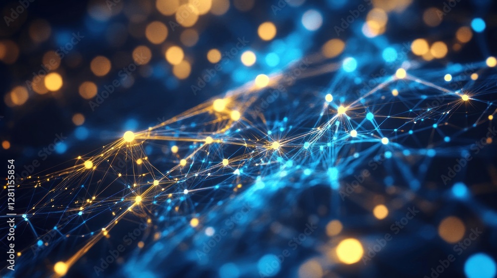 Poster abstract network connection, glowing nodes and lines, blue and gold bokeh background.