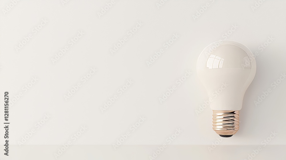 Poster in a minimalistic setting, a light bulb sits on a smooth surface, its round shape and shiny base sho