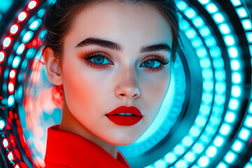 A woman with blue eyes and red lipstick in front of a circular light tunnel