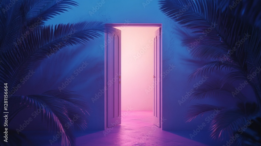 Poster soft pastel hues glow from an open door, creating a warm and inviting atmosphere in a tranquil room 